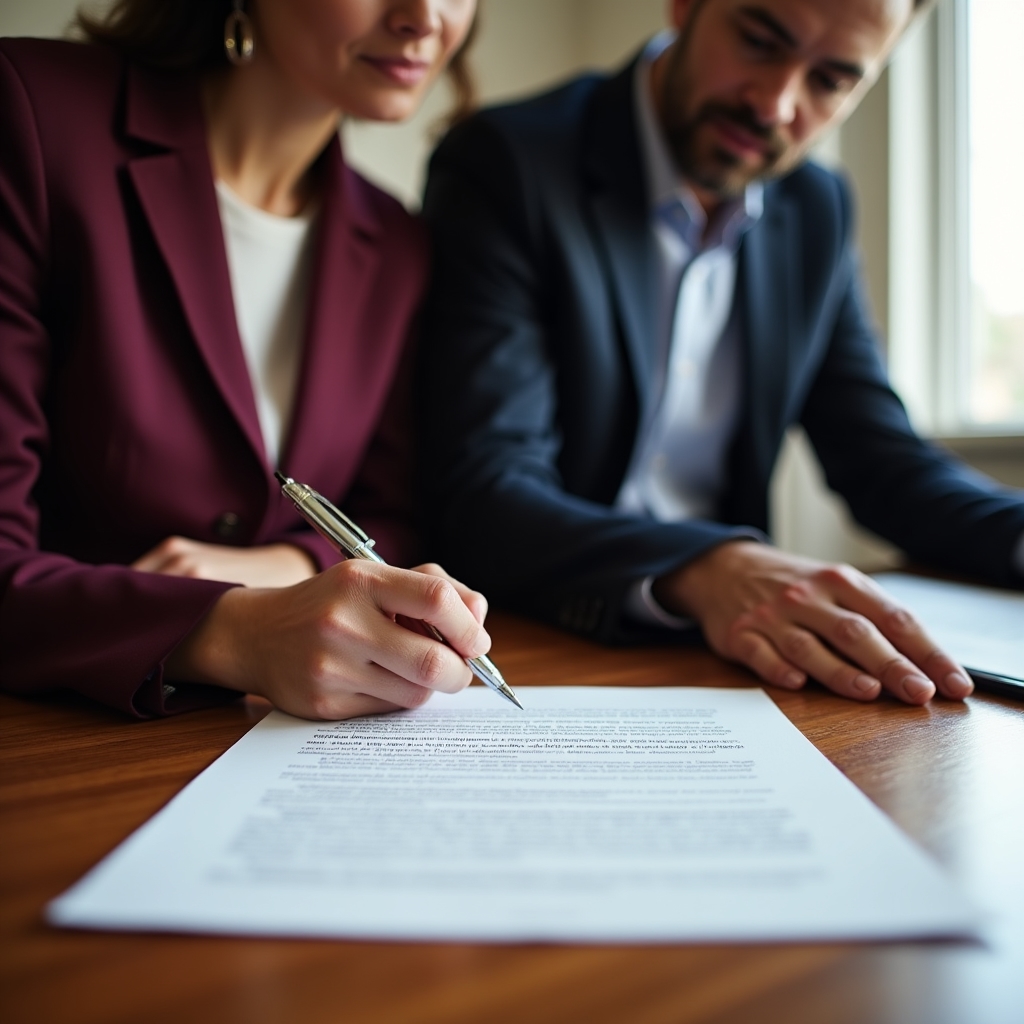 Business partners reviewing and signing a written operational agreement document