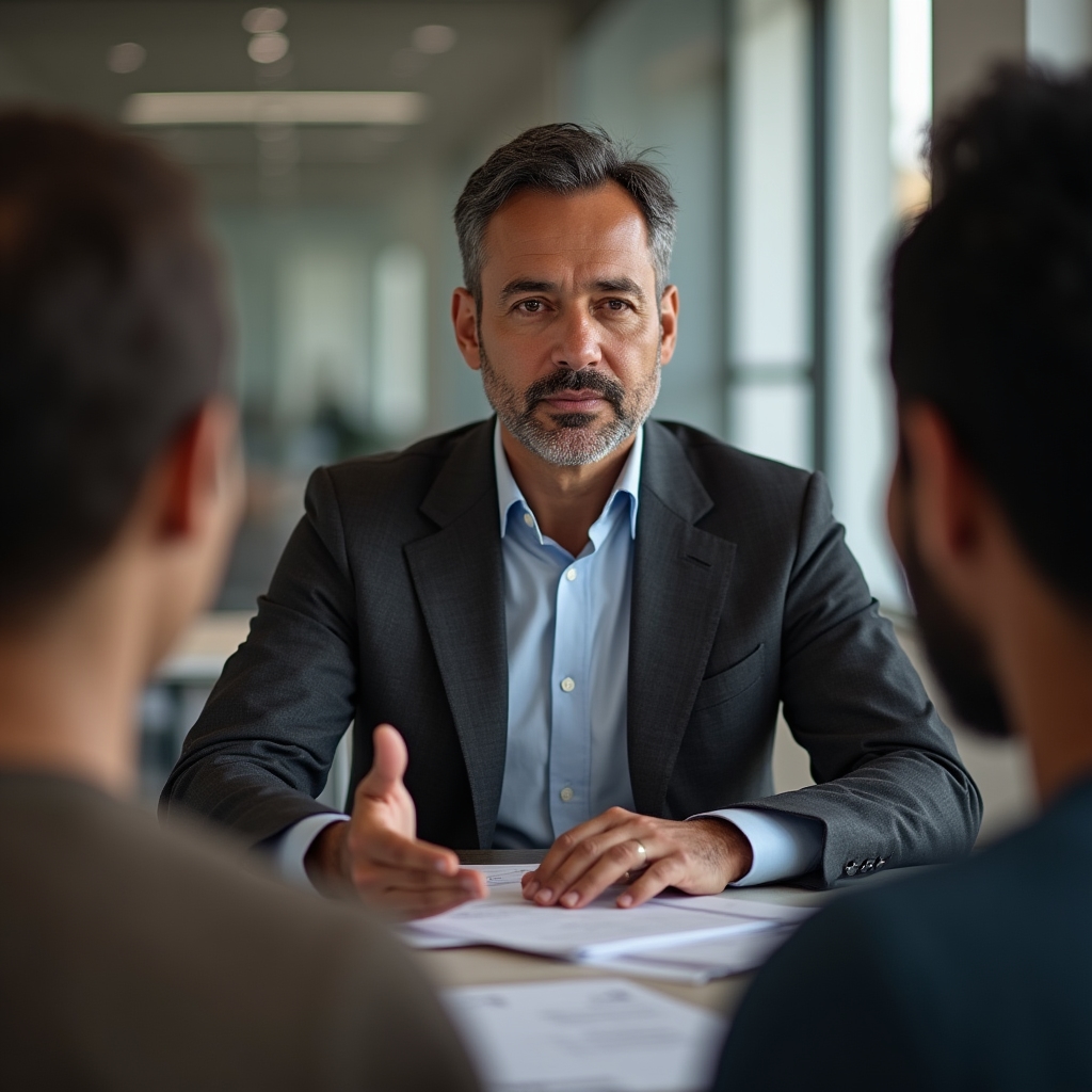 Neutral facilitator guiding a structured conversation between two business partners