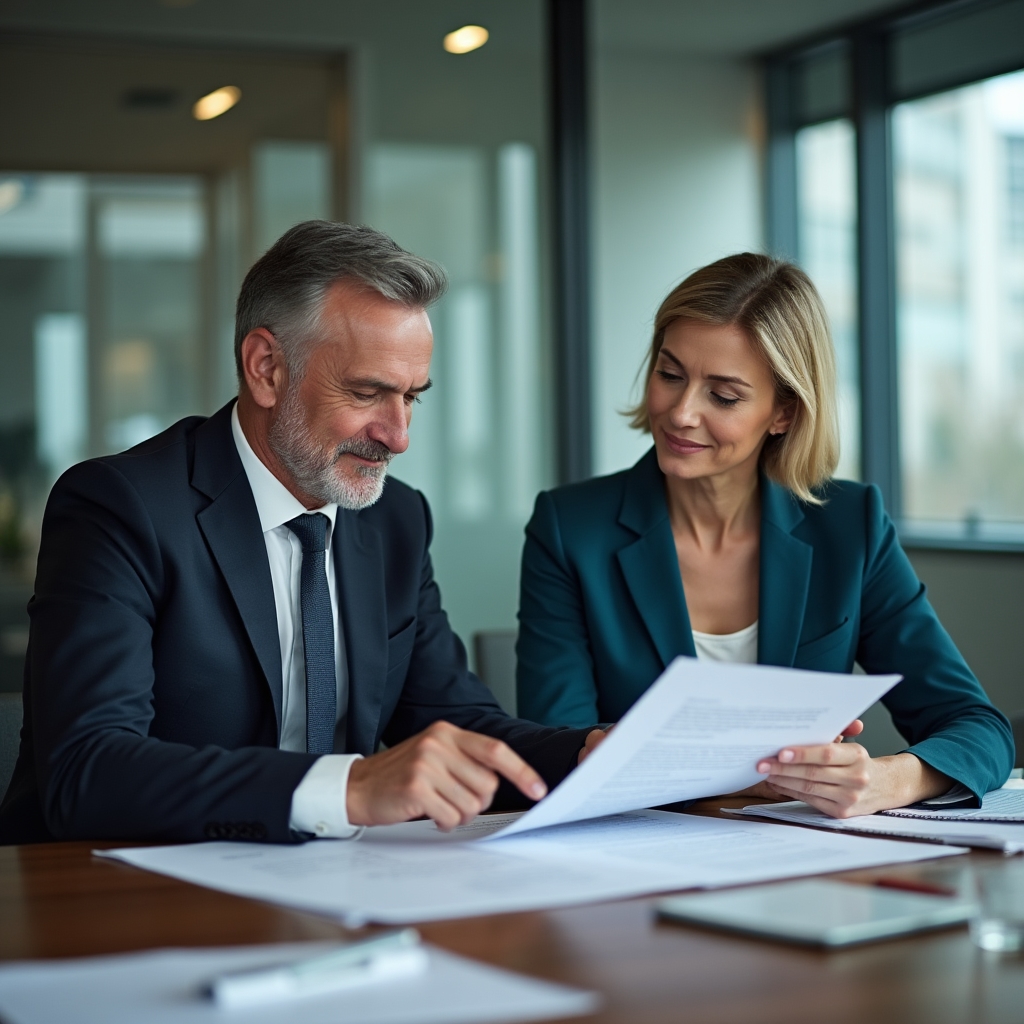 Two business partners reviewing a printed agreement document together at a conference table