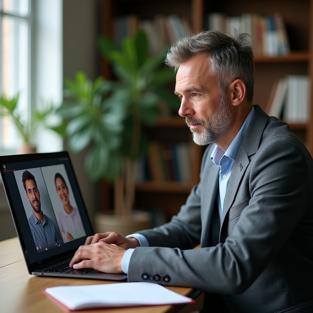 Business partners in a remote facilitation session on laptop in a modern home office