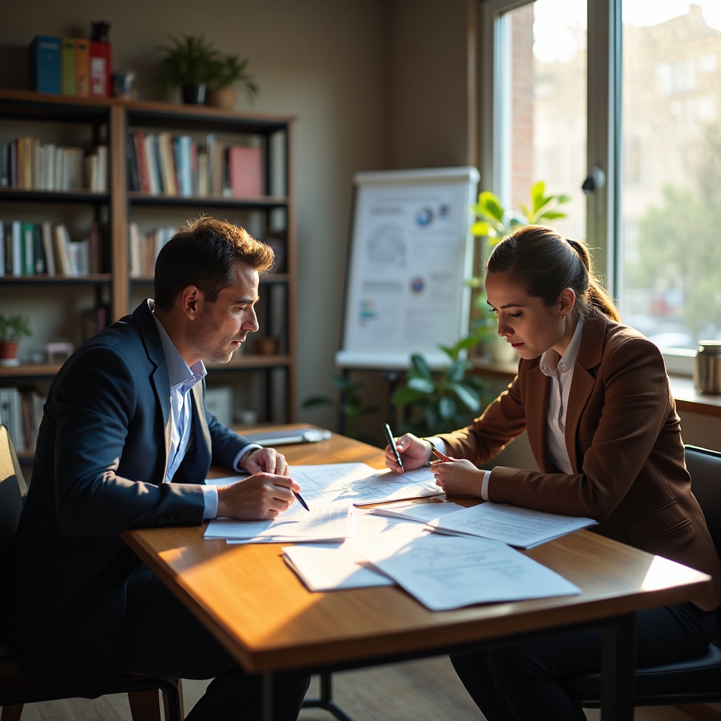 Two SME business partners reviewing documents in their company office with collaborative atmosphere