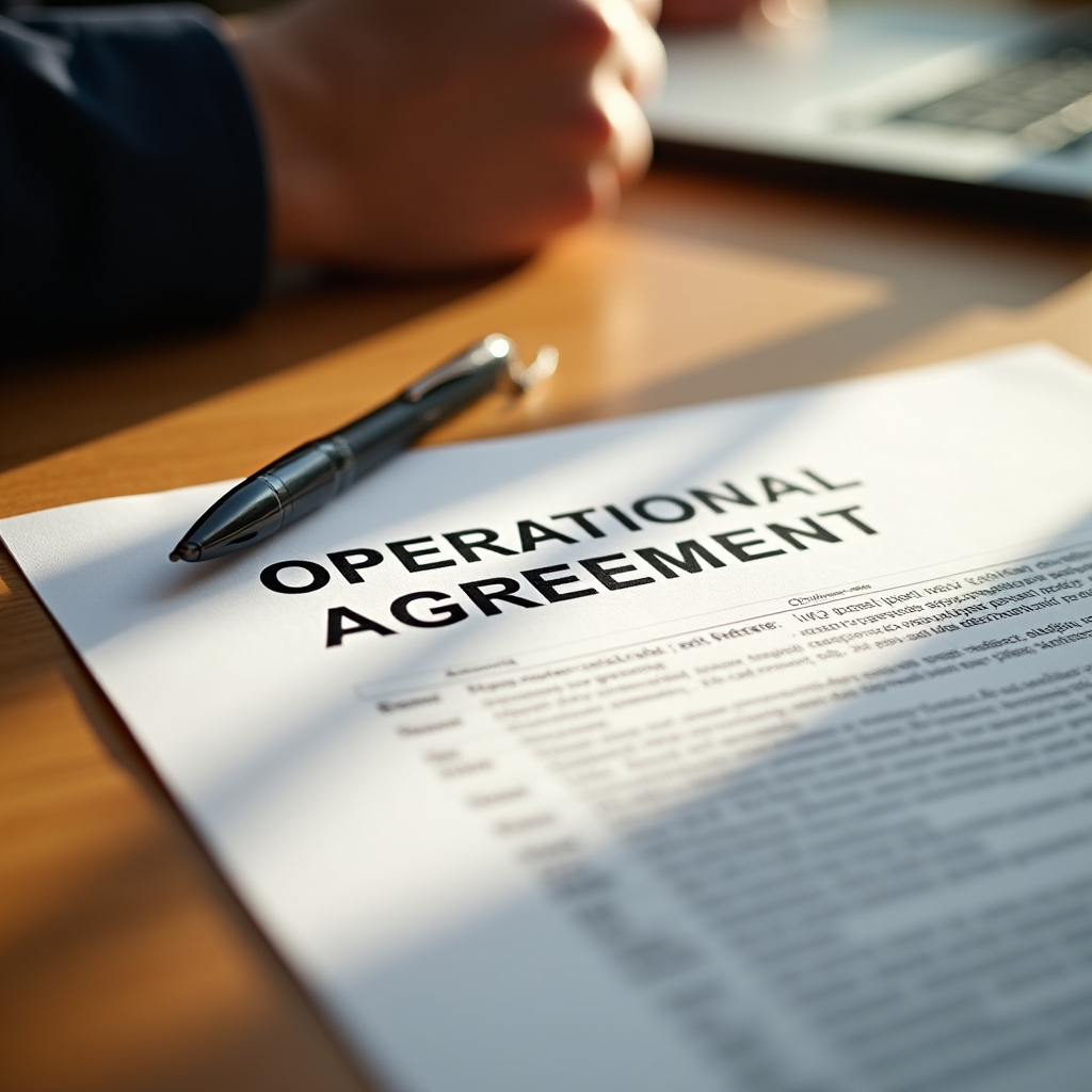 Close-up of a written operational agreement document on a desk with a pen, in warm natural light